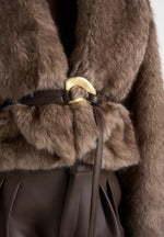 Nola - Fur Shawl Jacket with Leather Belt - Taupe