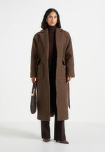 Jena - Wide Shoulder Wool Coat with Cinch Belt - Brown