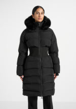Mira - Fur Hood Corset Longline Puffer Coat - Black