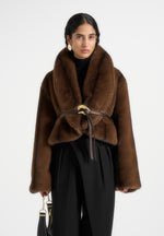 Nola - Fur Shawl Jacket with Leather Belt - Brown