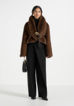 Nola - Fur Shawl Jacket with Leather Belt - Brown