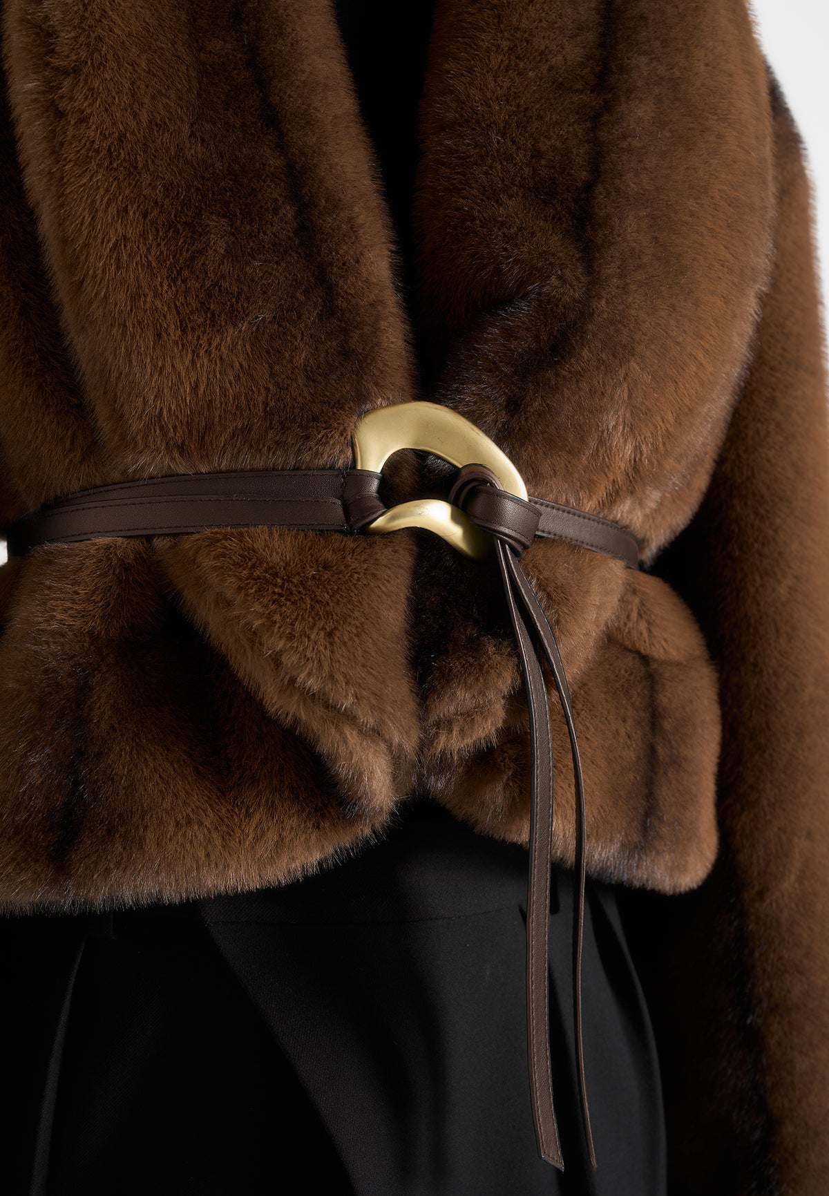 Nola - Fur Shawl Jacket with Leather Belt - Brown