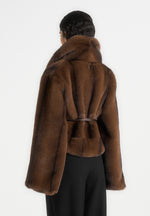 Nola - Fur Shawl Jacket with Leather Belt - Brown
