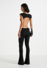 Zelda - Backless Rib Knit Jumpsuit With Hardware Chain Belt - Black