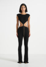 Zelda - Backless Rib Knit Jumpsuit With Hardware Chain Belt - Black