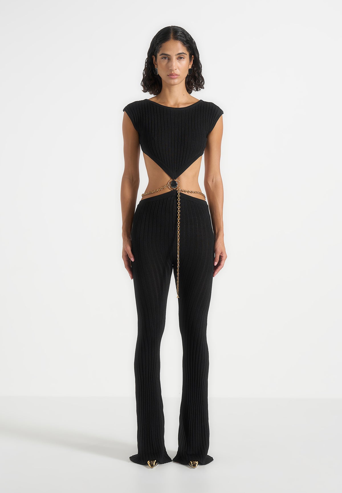 Zelda - Backless Rib Knit Jumpsuit With Hardware Chain Belt - Black
