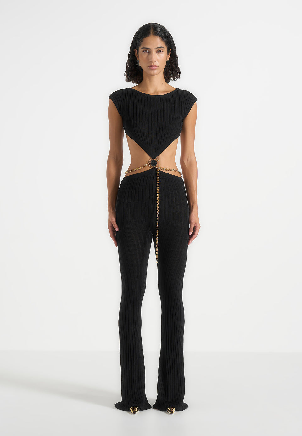Zelda - Backless Rib Knit Jumpsuit With Hardware Chain Belt - Black