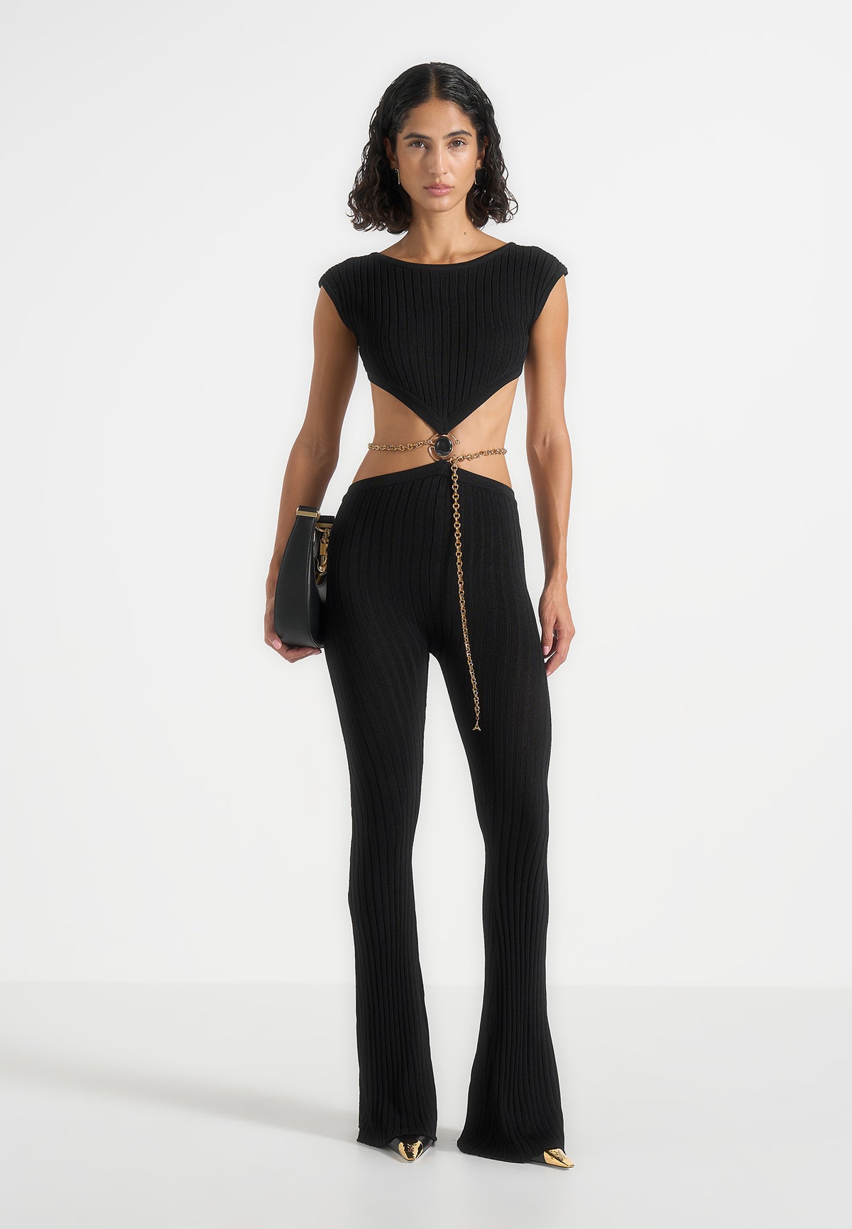 Zelda - Backless Rib Knit Jumpsuit With Hardware Chain Belt - Black