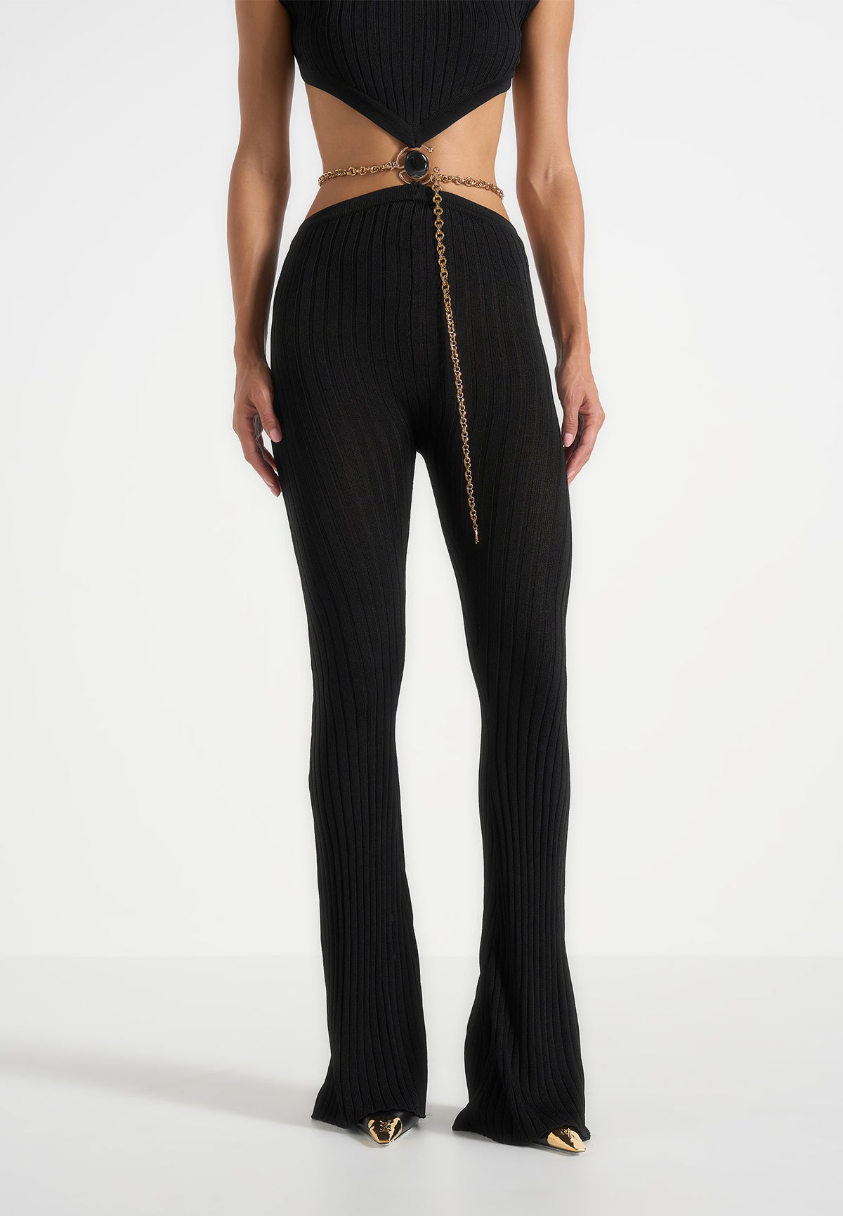 Zelda - Backless Rib Knit Jumpsuit With Hardware Chain Belt - Black