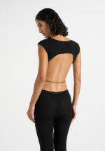 Zelda - Backless Rib Knit Jumpsuit With Hardware Chain Belt - Black