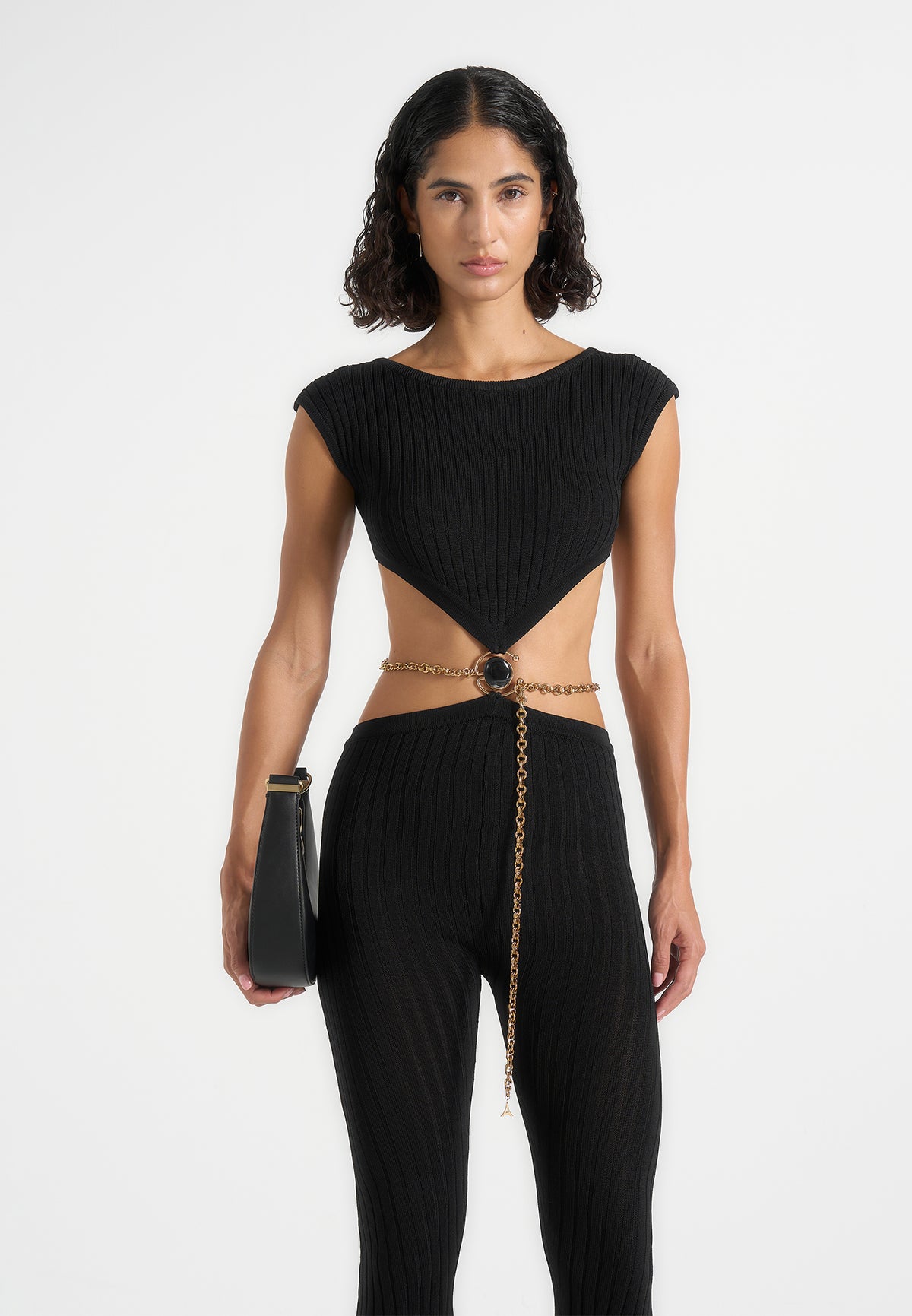 Zelda - Backless Rib Knit Jumpsuit With Hardware Chain Belt - Black