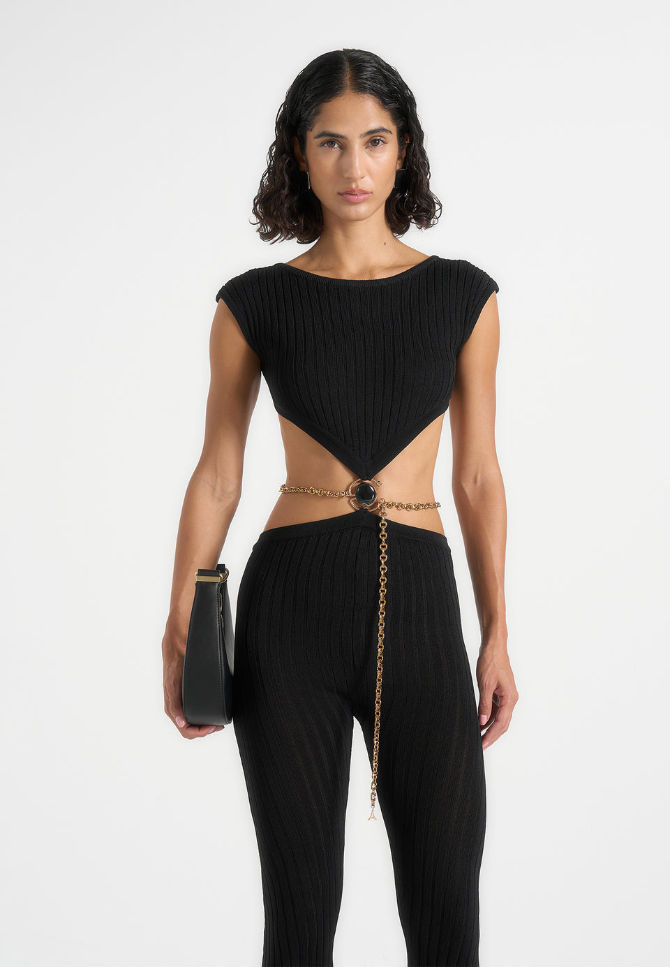 Zelda - Backless Rib Knit Jumpsuit With Hardware Chain Belt - Black