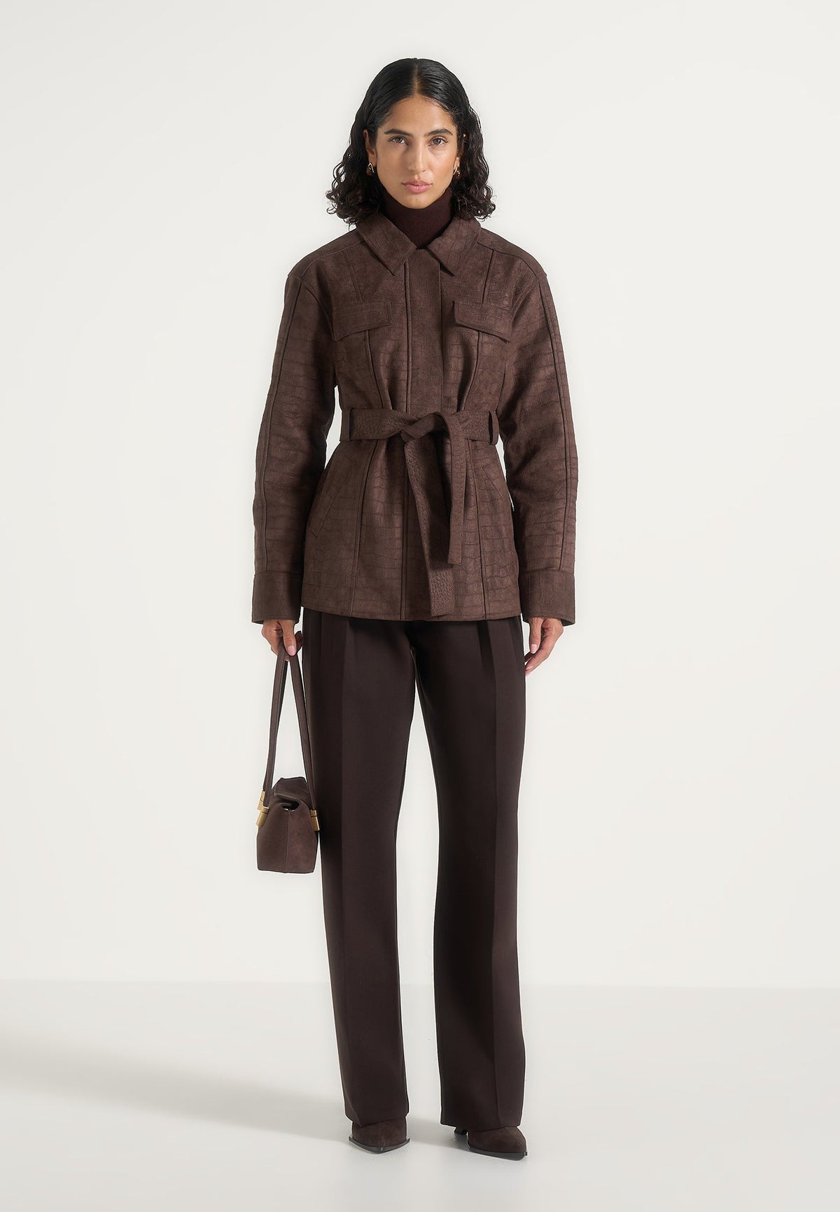 Annika - Croc Suede Belted Utility Jacket - Brown