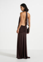 Ida - Plunge Halter Draped Hardware Maxi Dress - Brown