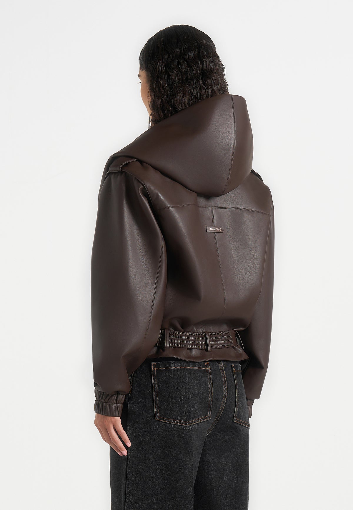 Tamsin - Hooded Cropped Leather Jacket With Belt - Brown