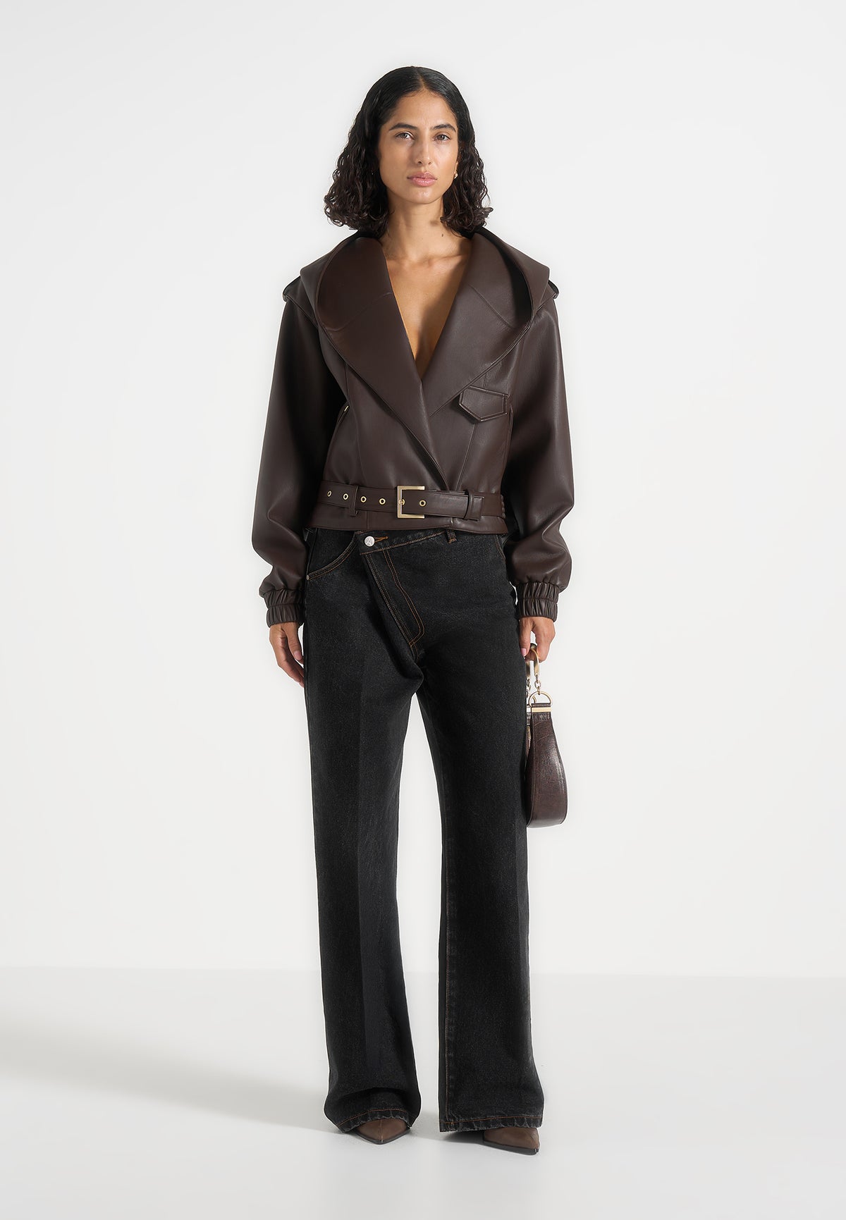 Tamsin - Hooded Cropped Leather Jacket With Belt - Brown