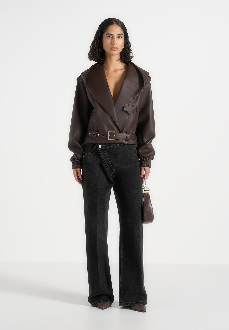 Tamsin - Hooded Cropped Leather Jacket With Belt - Brown