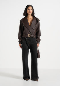 Tamsin - Hooded Cropped Leather Jacket With Belt - Brown