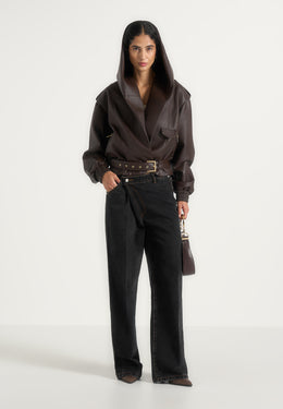 Tamsin - Hooded Cropped Leather Jacket With Belt - Brown