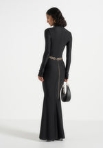 Angelica - High Neck Long Sleeve Maxi Dress With Chain Belt - Black