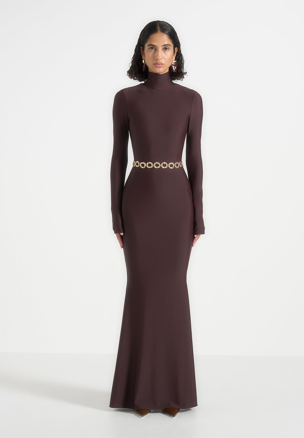 Angelica - High Neck Long Sleeve Maxi Dress With Chain Belt - Brown
