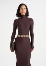 Angelica - High Neck Long Sleeve Maxi Dress With Chain Belt - Brown