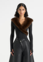 Libby - Fur Collar Long Sleeve Bodysuit - Black / Brown