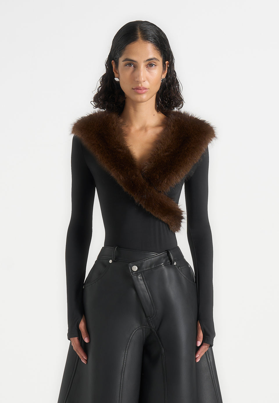 Libby - Fur Collar Long Sleeve Bodysuit - Black / Brown