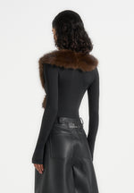 Libby - Fur Collar Long Sleeve Bodysuit - Black / Brown