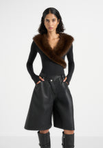 Libby - Fur Collar Long Sleeve Bodysuit - Black / Brown