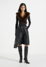 Libby - Fur Collar Long Sleeve Bodysuit - Black / Brown