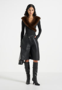 Libby - Fur Collar Long Sleeve Bodysuit - Black / Brown