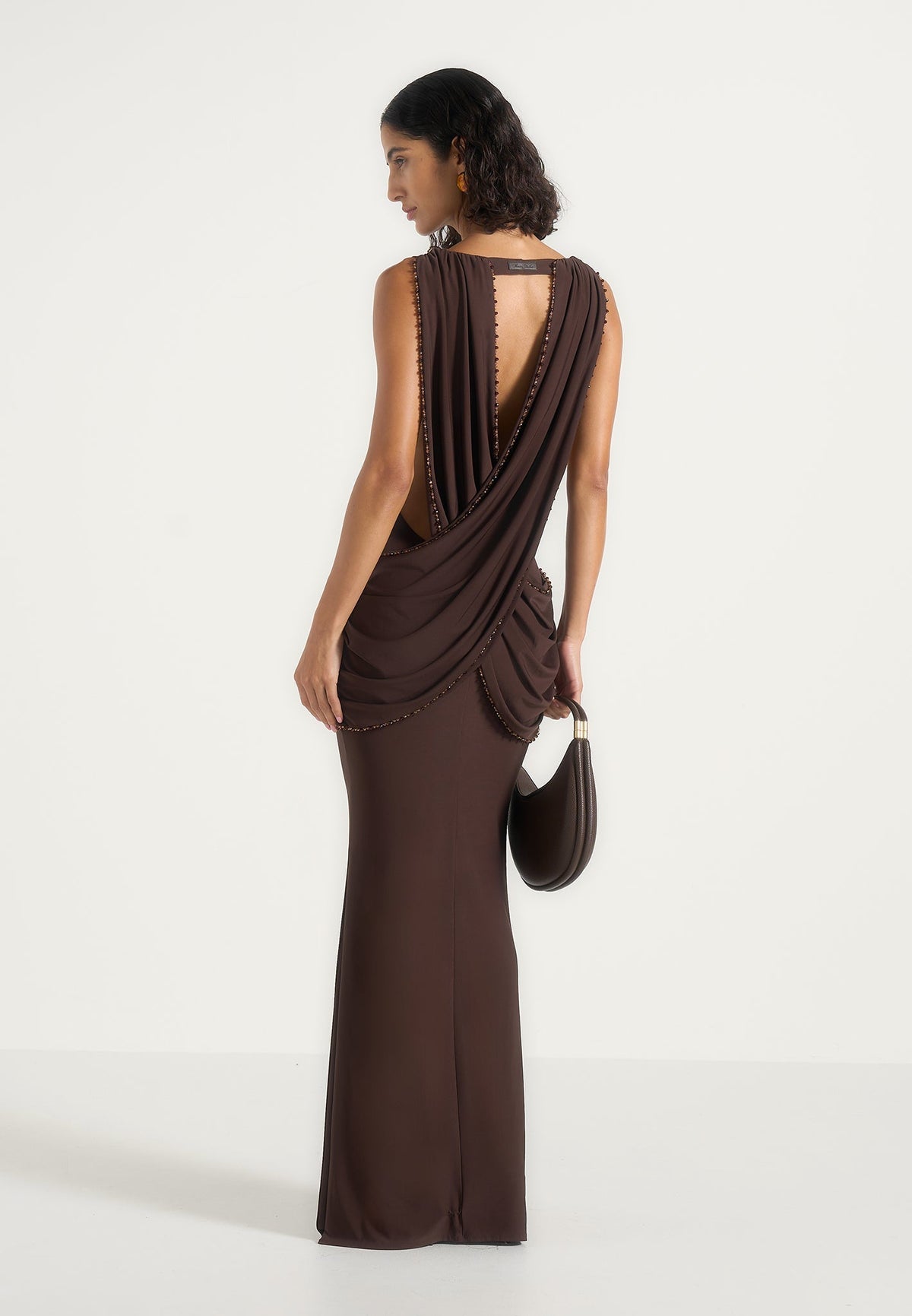 Livia - Chain Drape Open Back Maxi Dress - Brown