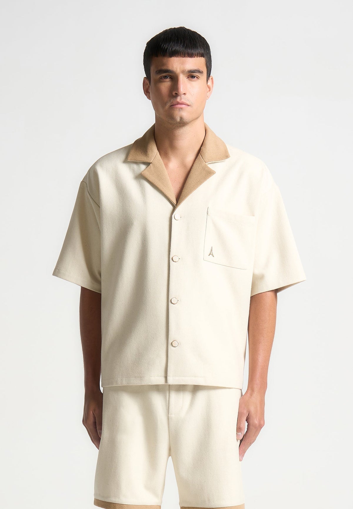 Boxy Wool Revere Shirt - Cream/Brown