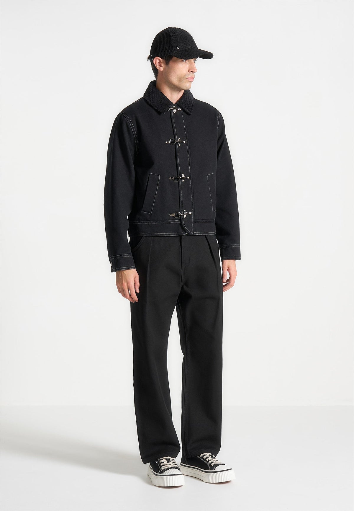 Nino - Unisex Clasp Detail Contrast Stitch Gabardine Jacket - Black