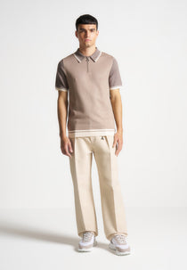 Colour Block Zip Polo Shirt - Taupe