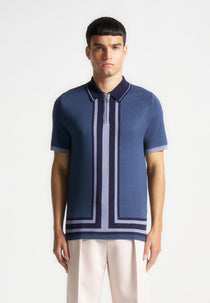 Daniel - Contrast Border Knit Zip Polo Shirt - Blue