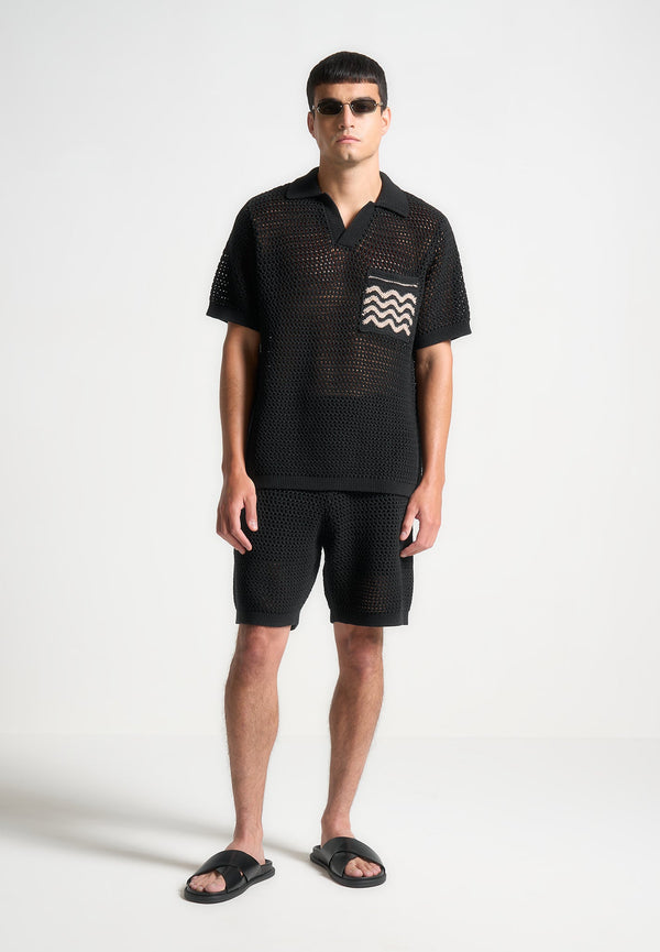 Crochet Knit Polo Shirt  - Black