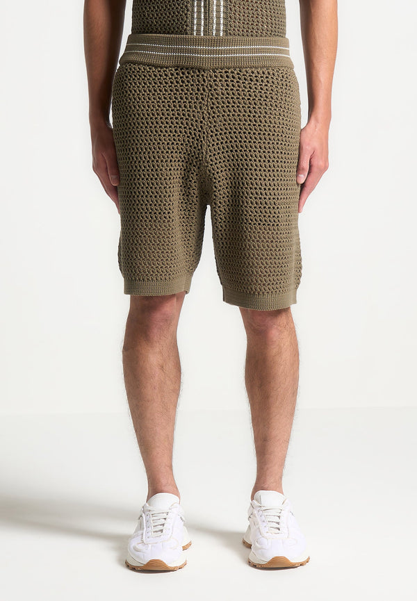 Crochet Knit Stripe Shorts - Khaki
