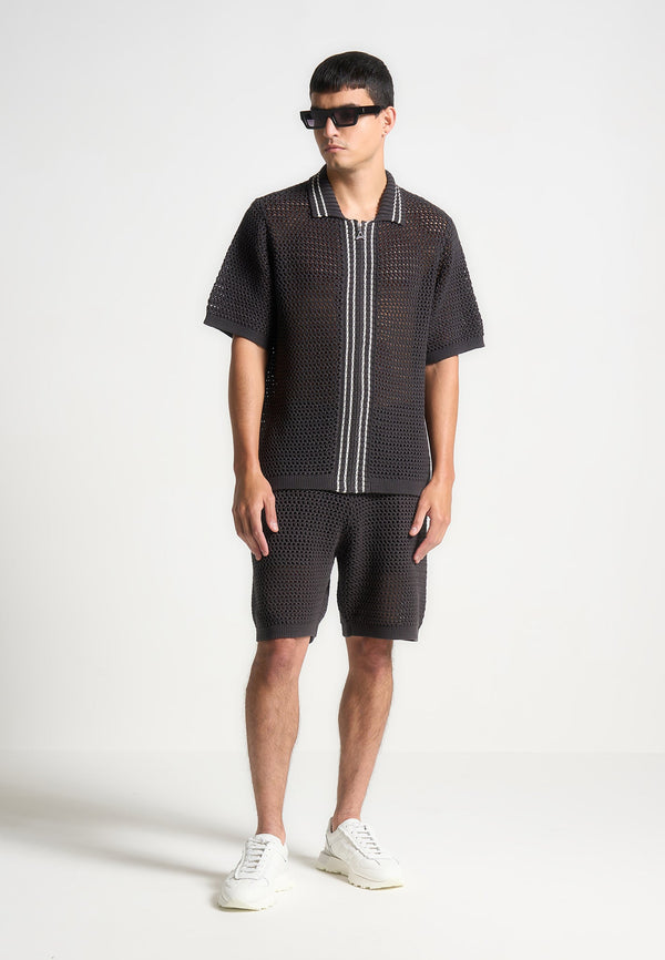Crochet Knit Stripe Zip Shirt - Charcoal Grey