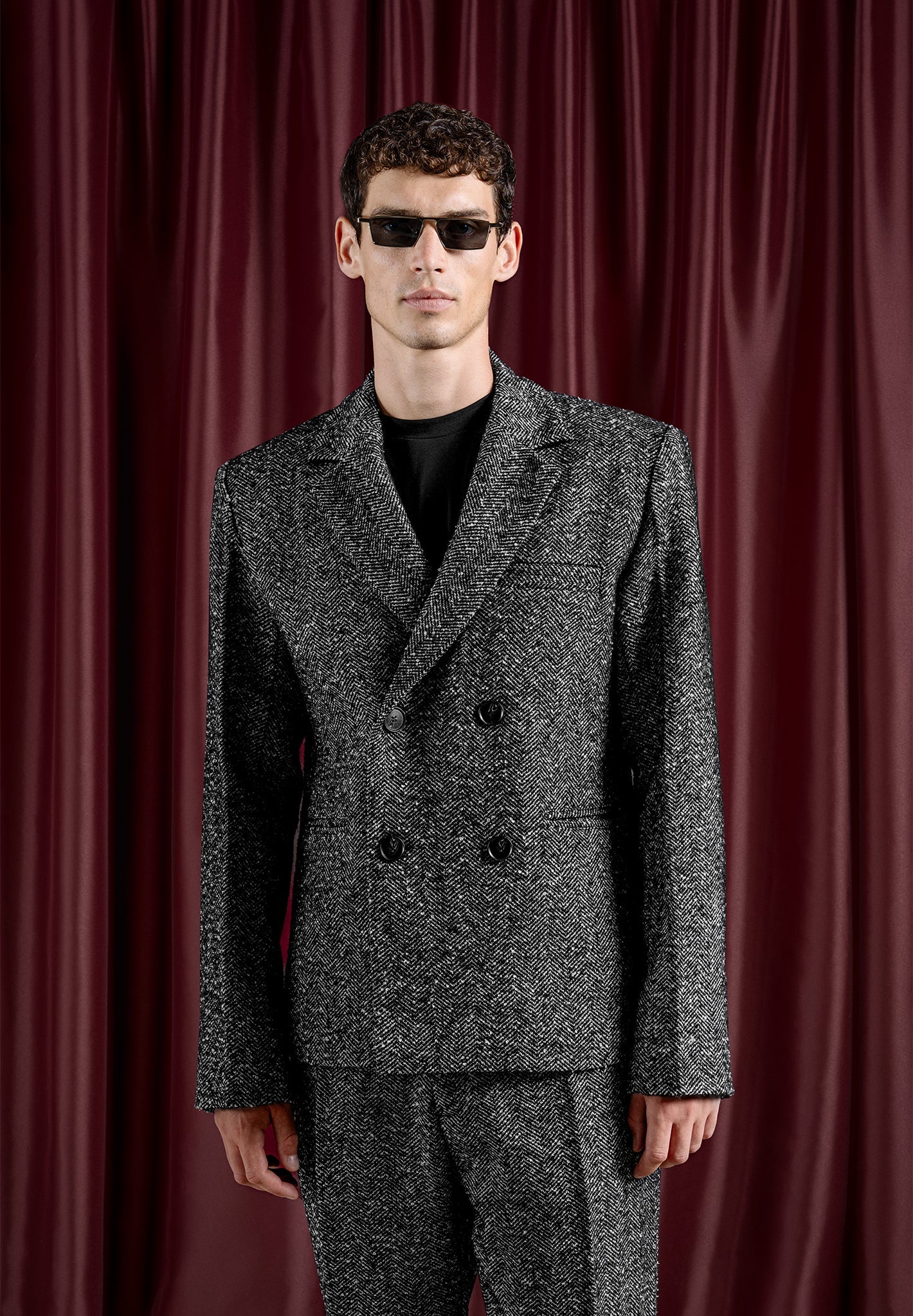 Double Breasted Herringbone Wool Blend Suit Jacket - Black