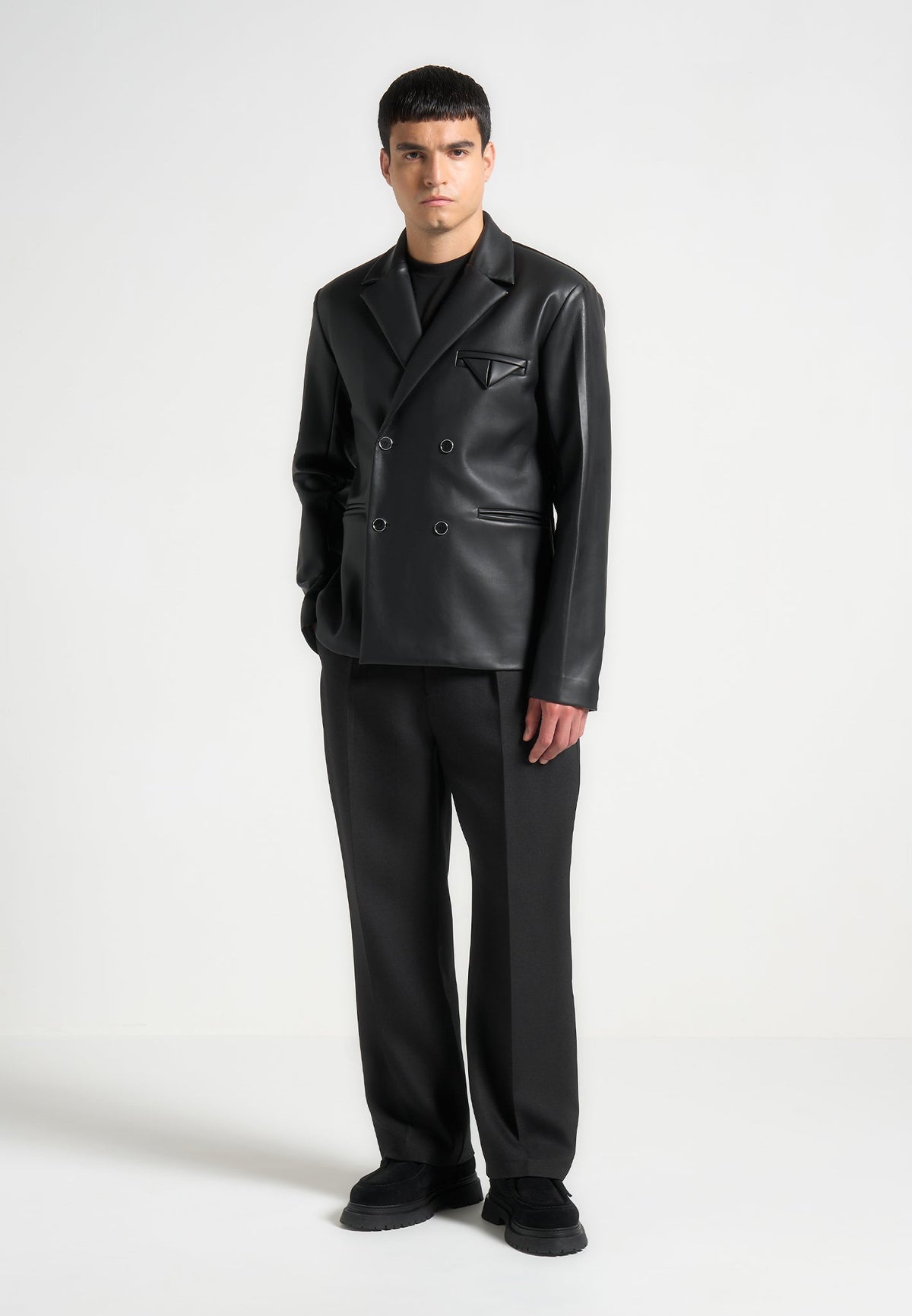 Didier - Double Breasted Leather Suit Blazer - Black