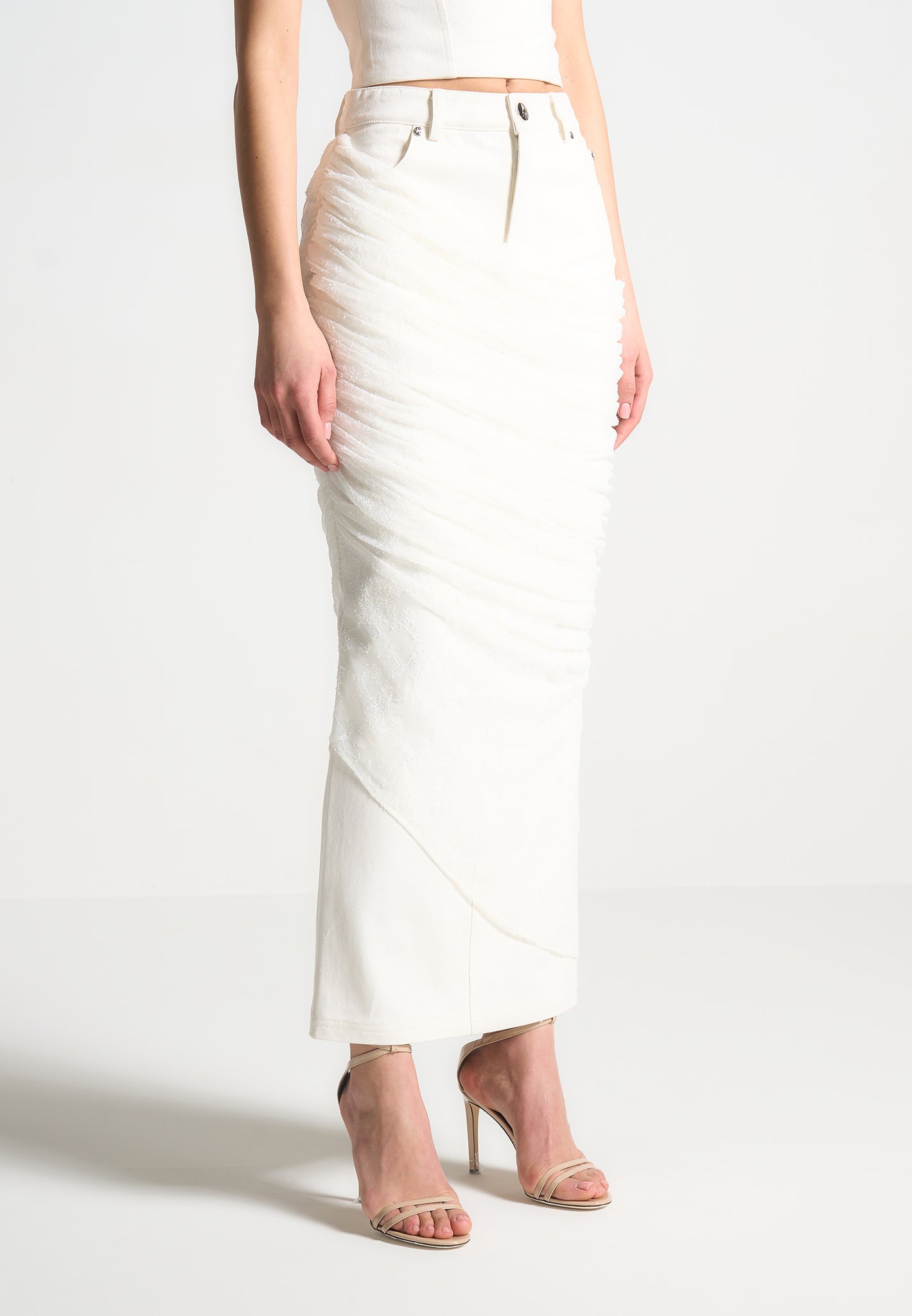 Draped Mesh Denim Maxi Skirt - Off White 