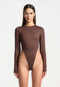 Lola - High Leg Long Sleeve Bodysuit - Brown