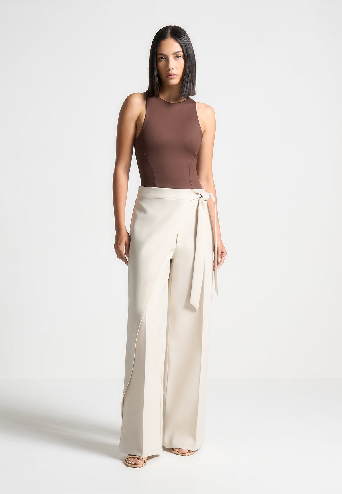 Ines - Double Layer Racer Neck Bodysuit - Brown