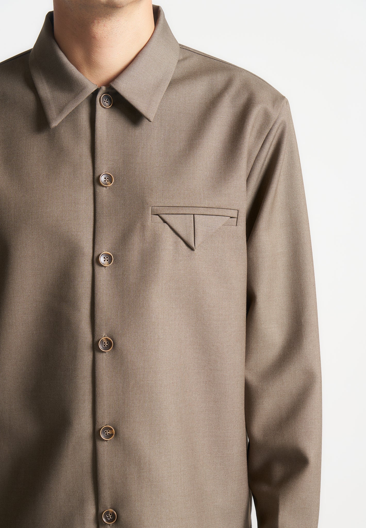 Leo - Hatched Tailored Long Sleeve Overshirt - Khaki
