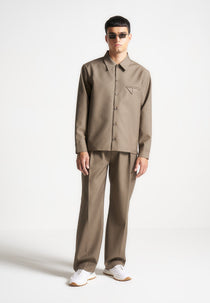 Leo - Hatched Tailored Long Sleeve Overshirt - Khaki