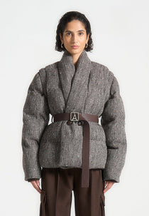 Inez - Herringbone Wool Wrap Belted Puffer Jacket - Brown