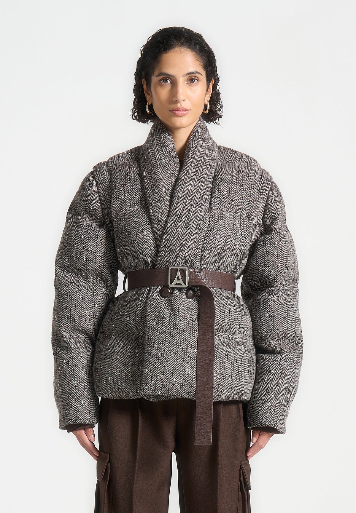 Taya - Herringbone Wool Wrap Belted Puffer Jacket - Brown