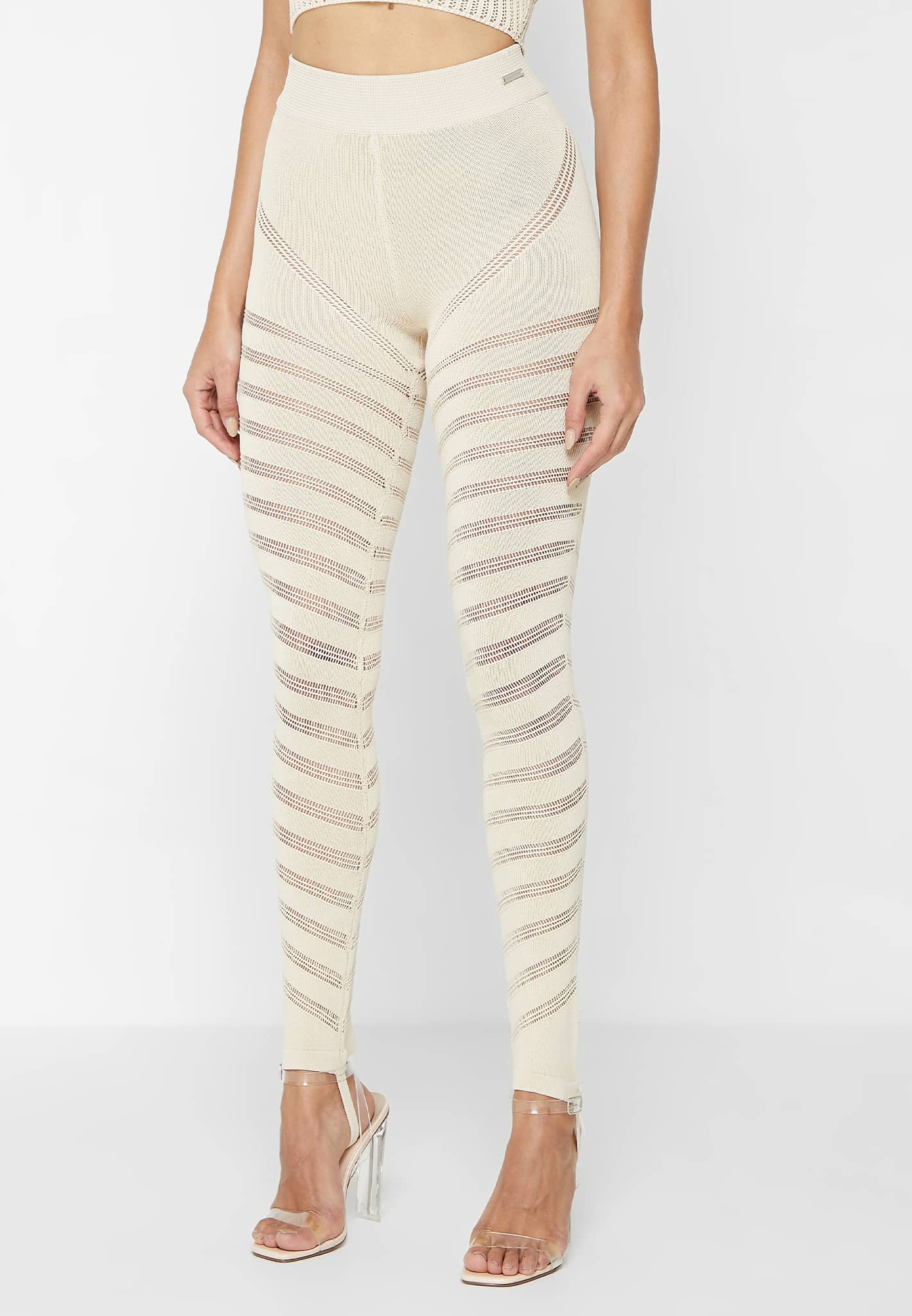 High Waisted Knitted Spiral Contour Leggings - Beige